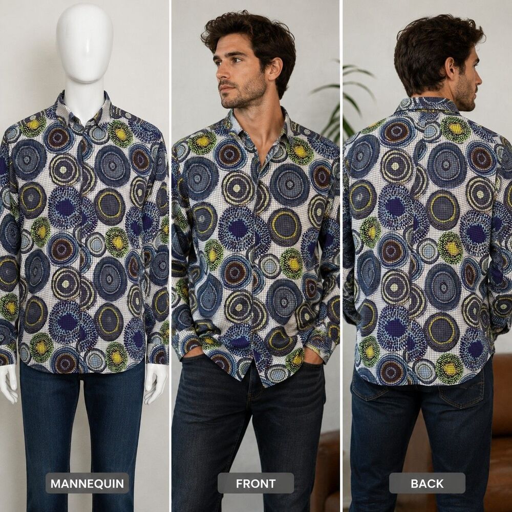 Visconti Black Men’s Small Button Up Shirt Multicolor Circle Geometric Print